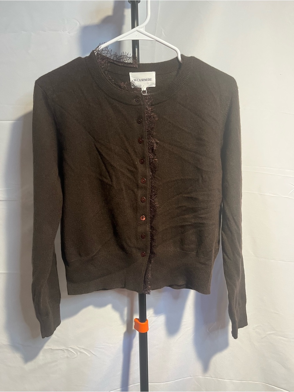 W.CASHMERE Gorgeous Dark Brown Lace Trim Button Front Cardigan Sweater - S